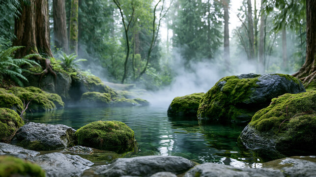 A misty forest scene with a clear stream flowing over moss-covered rocks surrounded by tall trees and dense greenery.