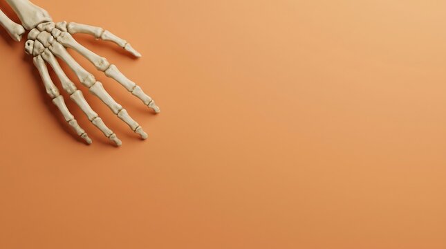 Anatomical human skeleton hand lying on orange surface for orthopedic educational banner.