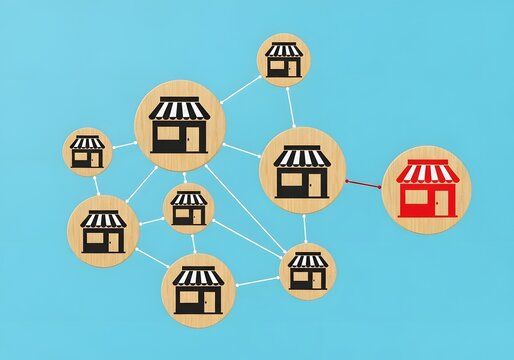 Network of wooden store icons connected by lines with one red shop highlighted on blue background