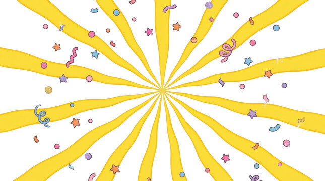 Radial lines creating a dynamic starburst pattern with pastel colored confetti floating on a clean transparent backdrop to represent celebration and joyful events.