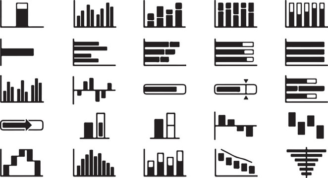 Business data visualization featuring various bar charts, histograms, progress bars, and funnel diagrams for performance reporting tasks