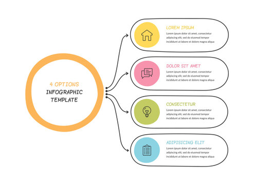 4 Option hand drawn infographic template with a central circle and curved arrows connecting to four stacked panels. Business presentation layout for options, steps, choices, or categories. Vector temp