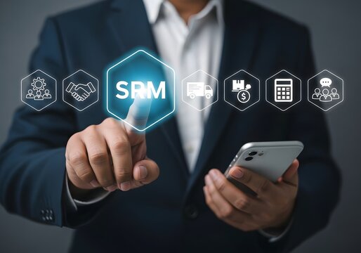 Business man touching an srm supply chain relationship management hologram interface screen