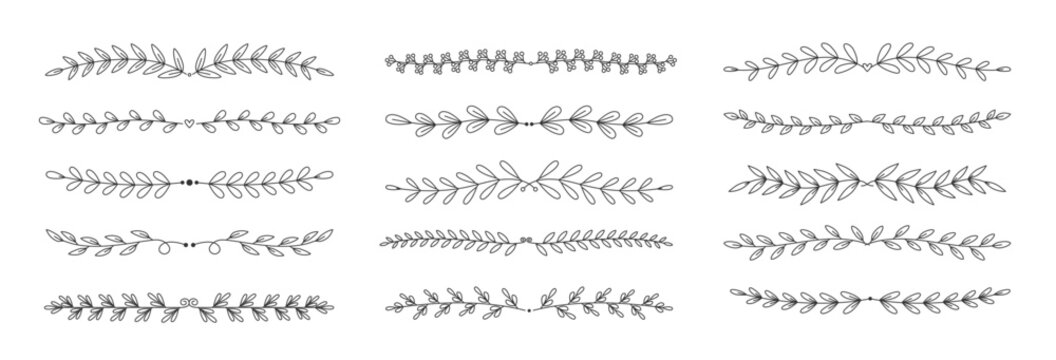 Set of floral dividers with hand-drawn leaves, floral line borders