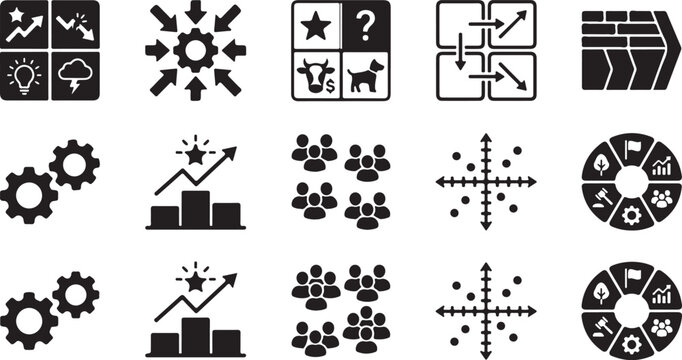 Collection of business strategy and management featuring gears, growth charts, team structures, scatter plots, and circular process diagrams