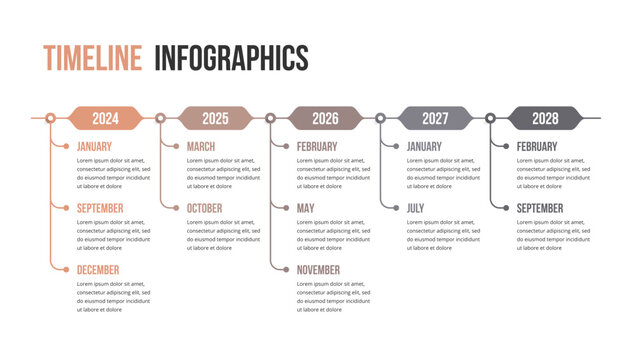 Horizontal timeline infographic template featuring five yearly milestones with vertical branches for monthly details