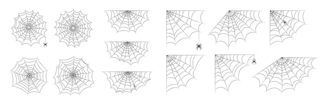Halloween spiderweb outline set. Full round web, corner web, half web or border web, hanging spider. Creepy gothic design for Halloween decoration, holiday poster or seasonal banner. Vector set