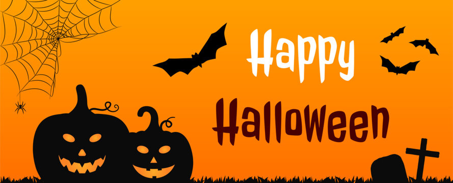 Happy Halloween banner with jack-o-lantern silhouettes, flying bats and spider web. Horizontal orange Halloween card with traditional pumpkins and bats