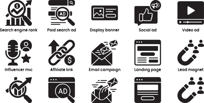 Set of black digital marketing featuring search engine rank, paid ads, display banners, social media ads, and lead generation tools