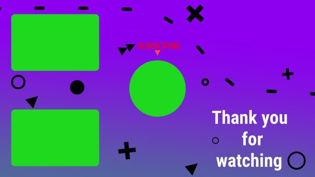 Vibrant geometric social media video channel outro template with chroma key placeholders 