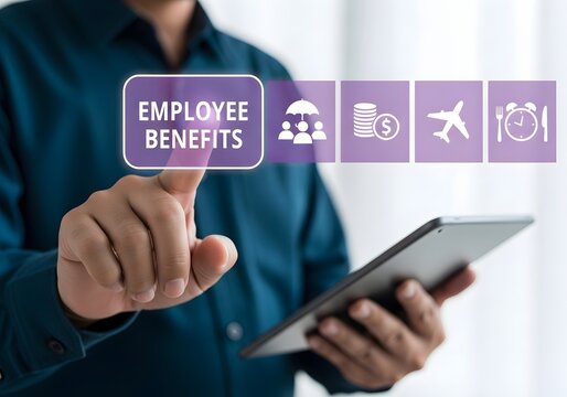 Employee touching digital tablet screen displaying employee benefits and human resources icons