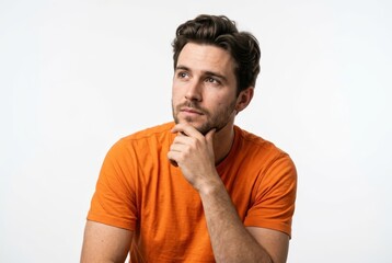 Obraz premium Thoughtful Young Man in Orange T-shirt Looking Up and Thinking Against a White Background, Pensive Expression