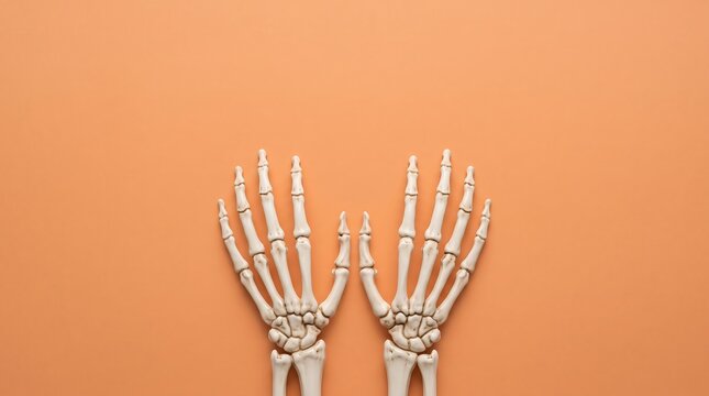 Two skeleton hands raised upward on orange background for vibrant halloween design layout.