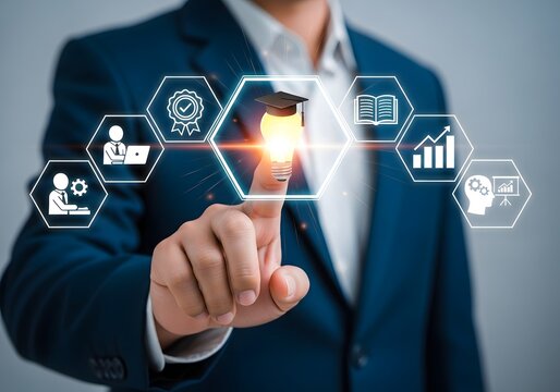 Businessman's finger touches glowing lightbulb with educational icons, symbolizing knowledge and learning