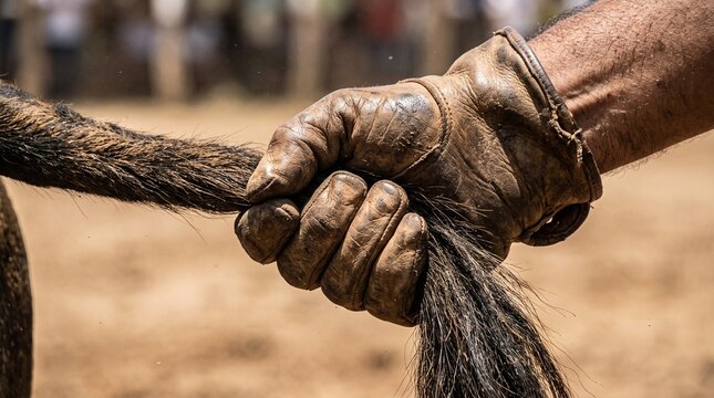 Vaqueiro de luva segurando a cauda do boi durante pega de boi na vaquejada, Nordeste do Brasil