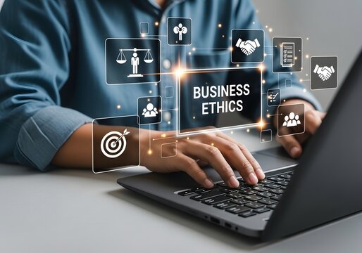 Person typing on a laptop with floating digital icons related to business ethics and values