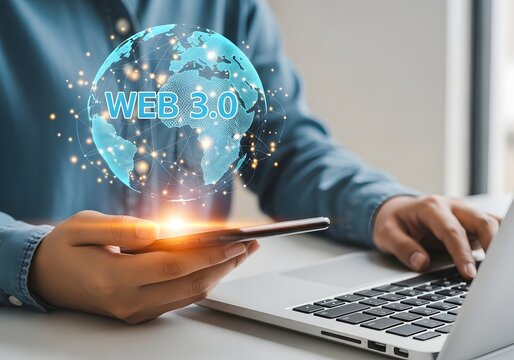 Person using a smartphone and laptop to access a glowing digital globe representing web 3.0