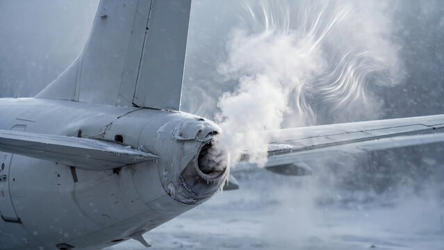 Airplane Tail APU Exhaust Steam in Freezing Winter