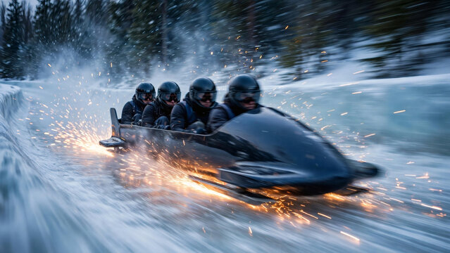 Bobsleigh Team Racing at High Speed on Ice Track
