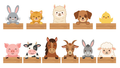 Naklejka premium Cute farm animals and pets peeking over wooden signs vector illustration collection featuring rabbit cat alpaca dog pig cow horse sheep