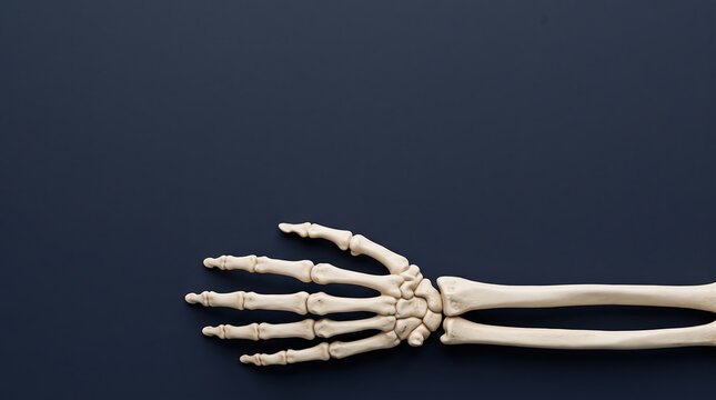 Human skeleton hand model with forearm bones placed on dark blue surface for study use.