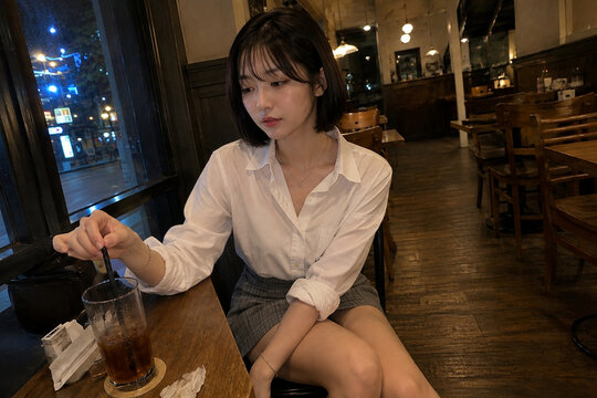 夜の飲食店で白いシャツと格子柄の短パン姿で氷入りの飲み物を混ぜる女性