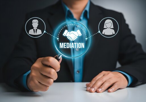 Person in a formal suit using a magnifying glass to view a digital mediation handshake icon
