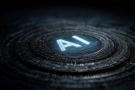 Glowing "AI" letters embedded in concentric digital circuitry, evoking futuristic computing, neural networks, and advanced technology.