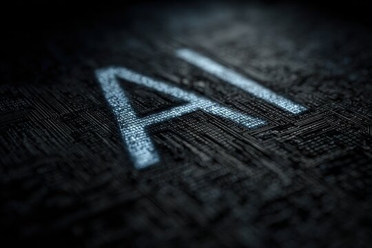 Close-up of glowing "AI" letters on a textured, circuit-like digital surface, evoking artificial intelligence, data processing, and futuristic technology.