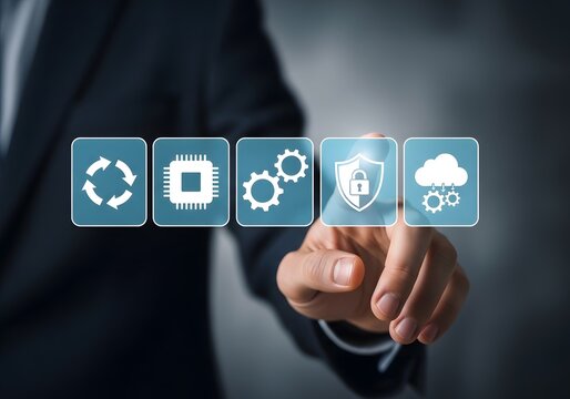 Person in a suit interacting with a digital interface featuring cybersecurity and cloud icons