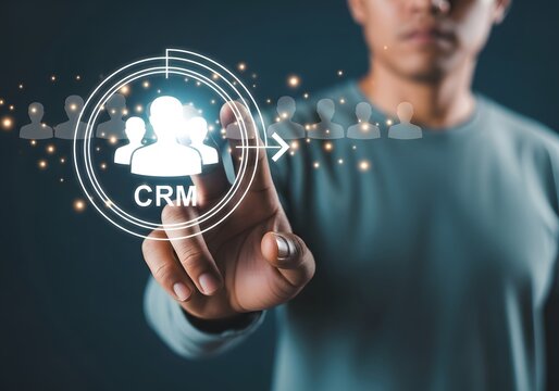 Person interacting with a digital interface showing crm customer relationship management icons