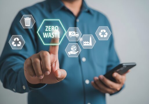 Person interacting with a zero waste digital interface representing sustainable practices