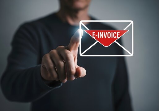 Person pointing at a digital e-invoice envelope icon representing electronic billing processes