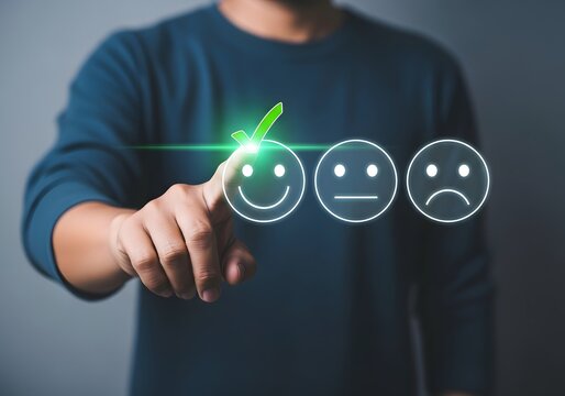 Person selecting a positive smiley face icon on a digital customer feedback rating interface