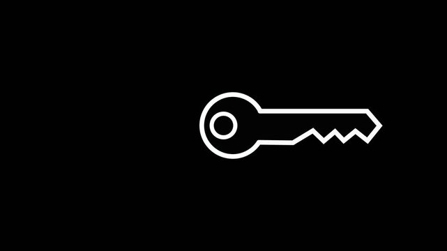 Clean white outline of a classic key with a round head and serrated bit presented on a solid black backdrop with generous empty space for creative applications.