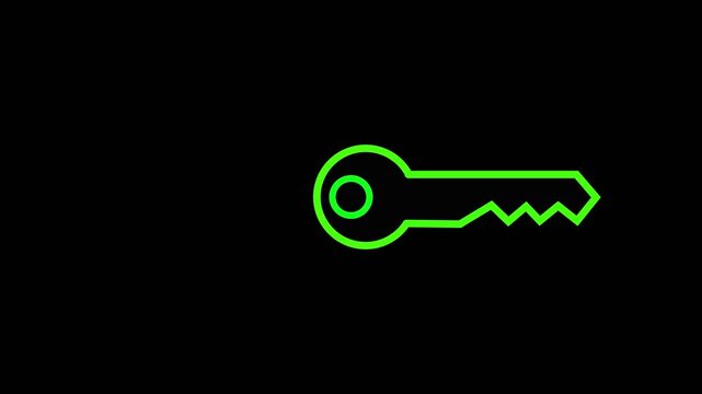 Vibrant green outline of a standard key featuring a circular head and a toothed bit, displayed against a completely black canvas with abundant negative space for.