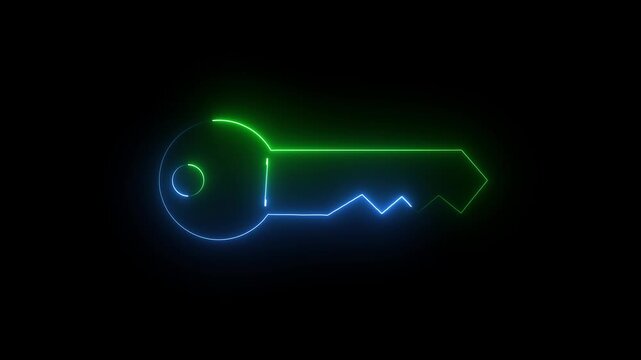 Dual-tone neon outline of a key, with the bow in electric blue and the bit in vibrant green, glowing against a dark black background, symbolizing dual access.