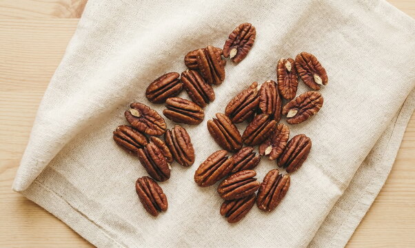 Pecans scattered on natural linen napkin with wooden background, healthy food ingredient for cooking.