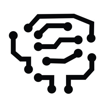 Minimalist icon in the shape of a human brain integrated with digital electronic circuit lines on a clean white background, symbolizing artificial intelligence, computer neural networks, sIllustration