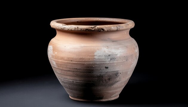 Ancient terracotta pottery jar with weathered texture on black background