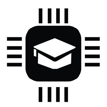 An abstract vector icon representing the intersection of technology and smart learning, featuring a clean white graduation cap embedded within a black CPU chip or microprocessor tempArt & Illustration