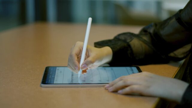 Student Writing on Tablet with Stylus Close Up