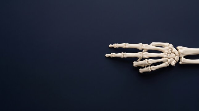 Skeleton hand pointing gesture on dark blue background symbolizing guidance and science.