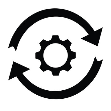 A minimalist black and white vector icon of a gear mechanical cog surrounded by a circular loop of arrows, symbolizing continuous improvement, agile transformation, and automated worArt & Illustration