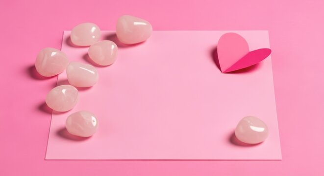 Pink background with rose quartz crystals and paper heart.