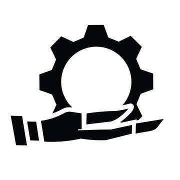 Black and white vector icon illustration featuring a human hand holding a mechanical cogwheel gear, symbolizing technical support, innovation management, automated process optimizatiArt & Illustration