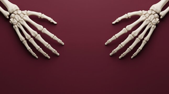 Two skeleton hands pointing toward center on burgundy background creating medical banner.