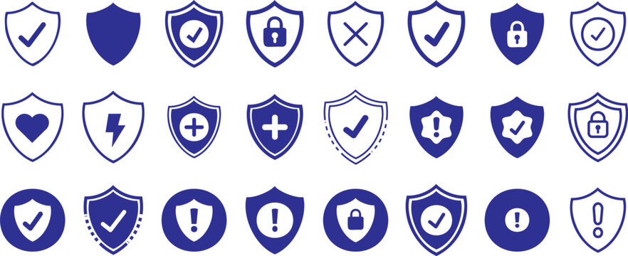 Security shield protection status vector icon set, data privacy padlock checkmark warning error heart energy cross symbol collection, cybersecurity badge, dark blue line outline 