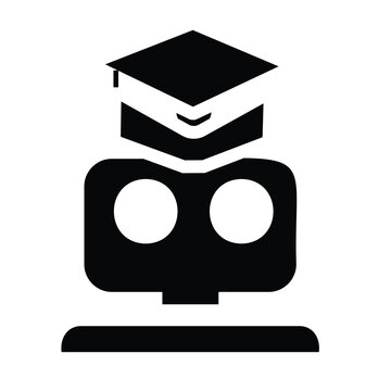 A vector flat design icon depicting a modern robot character wearing a black graduation cap or mortarboard, symbolizing artificial intelligence in digital education, automated tutoriArt & Illustration