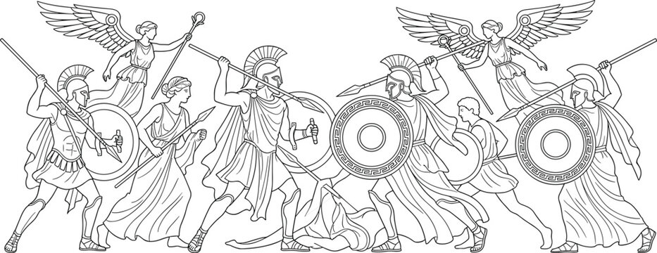 Vintage line art illustration of an ancient Greek battle scene with warriors and winged mythological figures